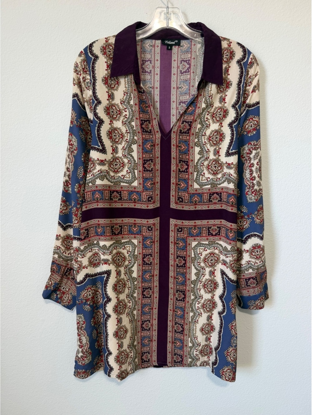 Tolani Long Sleeve Collared V-Neck Floral/Geo Pockets Boho Tunic Blouse Size S